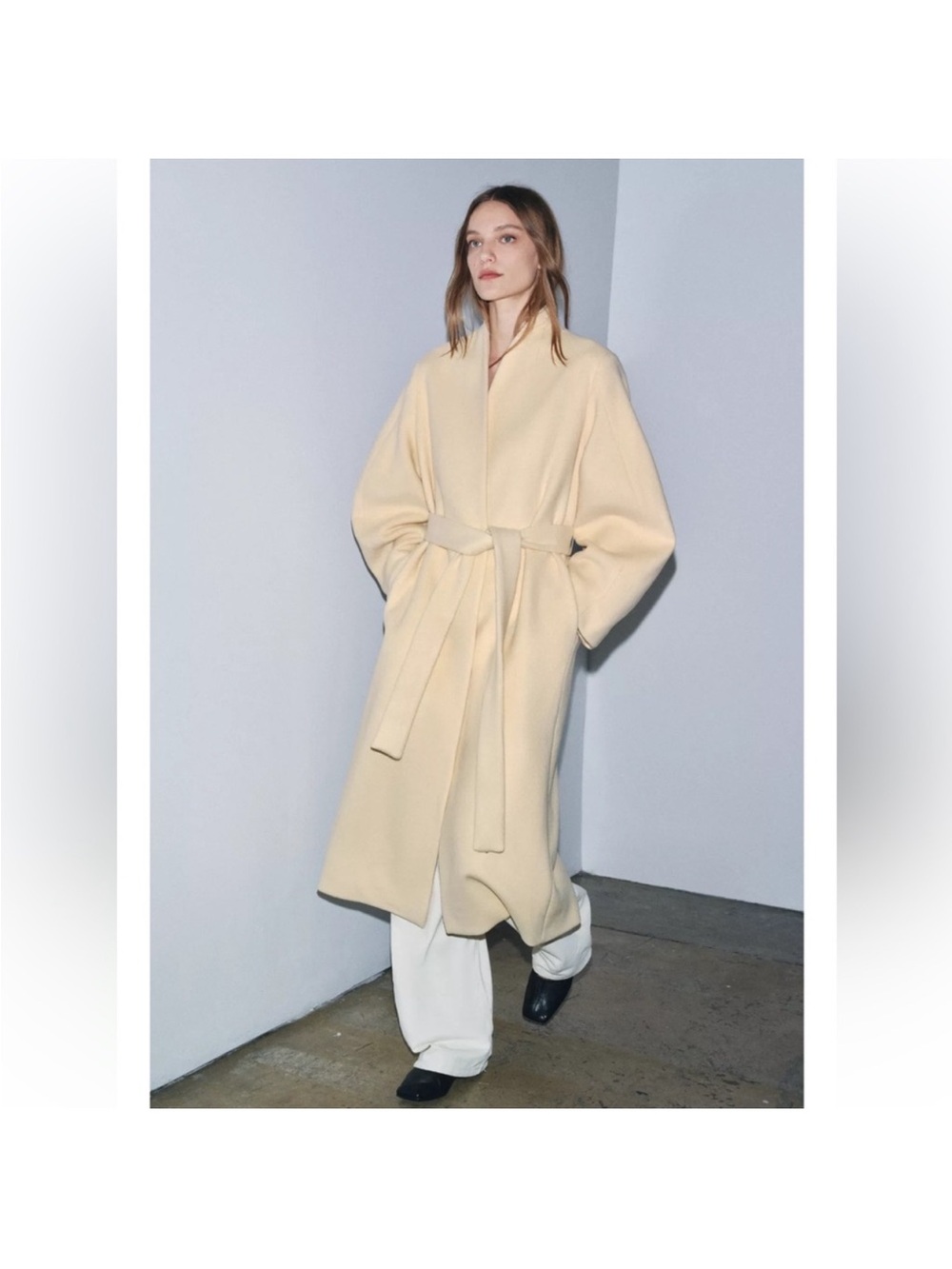 Zara Cream Wrap Belted Long Coat